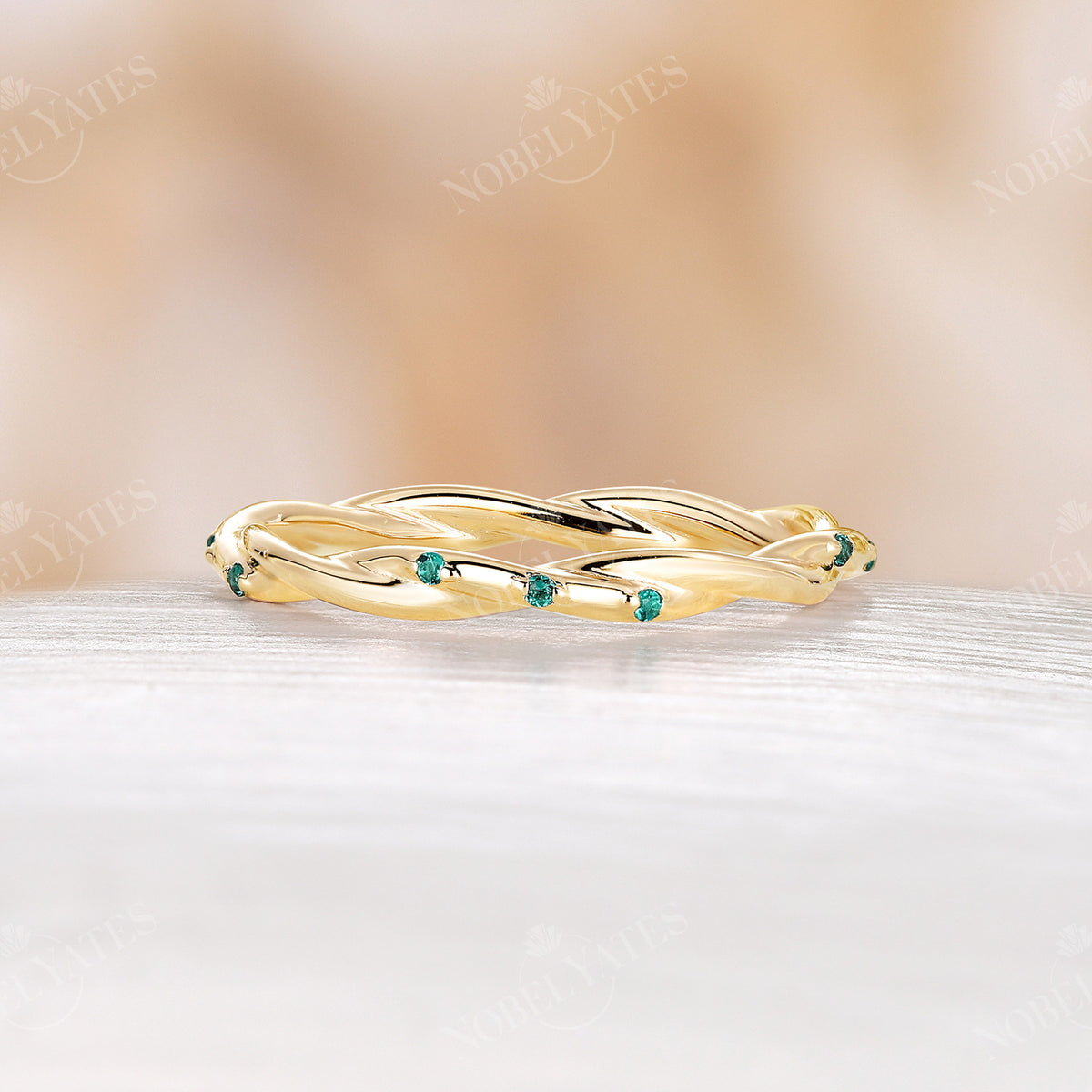 Vintage Lab Emerald Twist Full Eternity Wedding Band Rose Gold