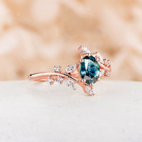 Oval Teal Sapphire Nature Inspired Bypass Engagement Ring Branch Rose Gold