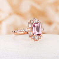 Emerald Cut Vintage Art Deco Pink Padparadscha Engagement Ring Rose Gold