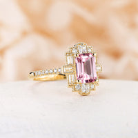 Emerald Cut Vintage Art Deco Pink Padparadscha Engagement Ring Rose Gold