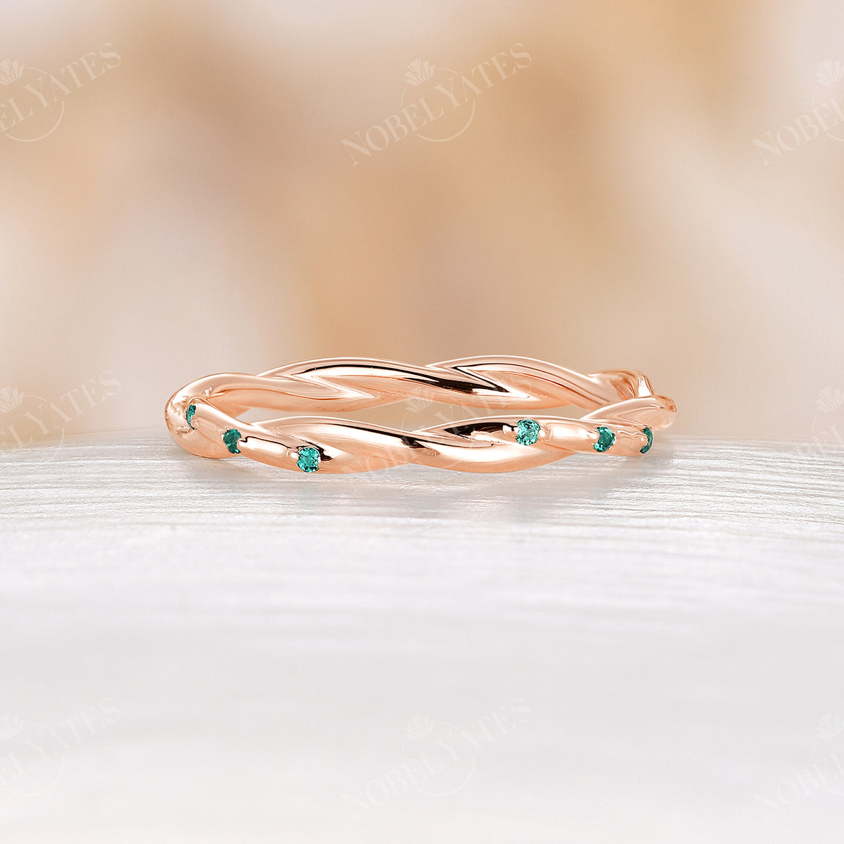 Vintage Lab Emerald Twist Full Eternity Wedding Band Rose Gold