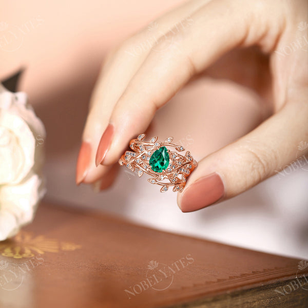 Teardop Lab Emerald Rose Gold Nature Inspired Twig Leaf Engagement Ring Set