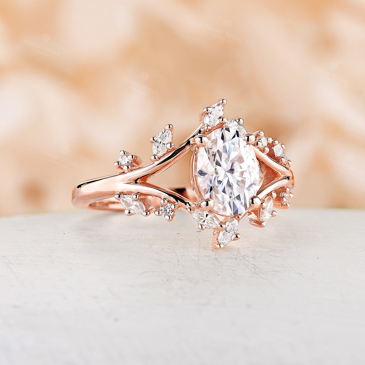 Oval Moissanite Nature inspired Engagement Ring Rose Gold