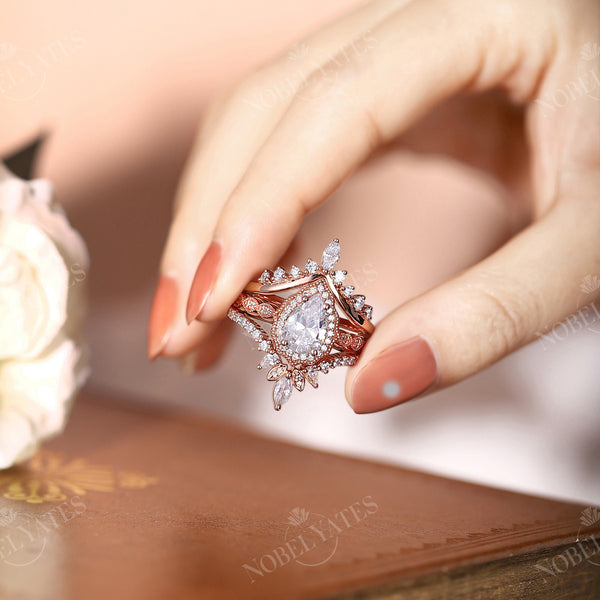 Vintage Pear Moissanite Rose Gold Halo & Milgrain Engagement Ring Set