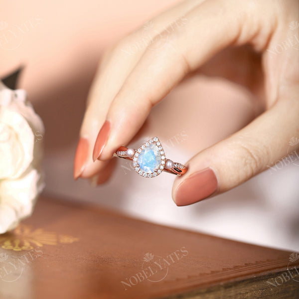 Pear Blue Moonstone Halo Engagement Ring Pearl Twist Rose Gold