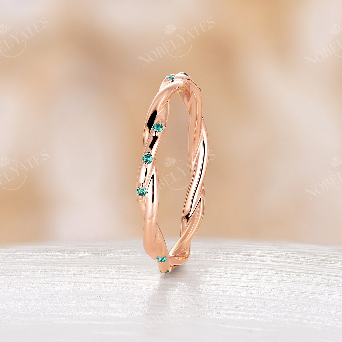 Vintage Lab Emerald Twist Full Eternity Wedding Band Rose Gold