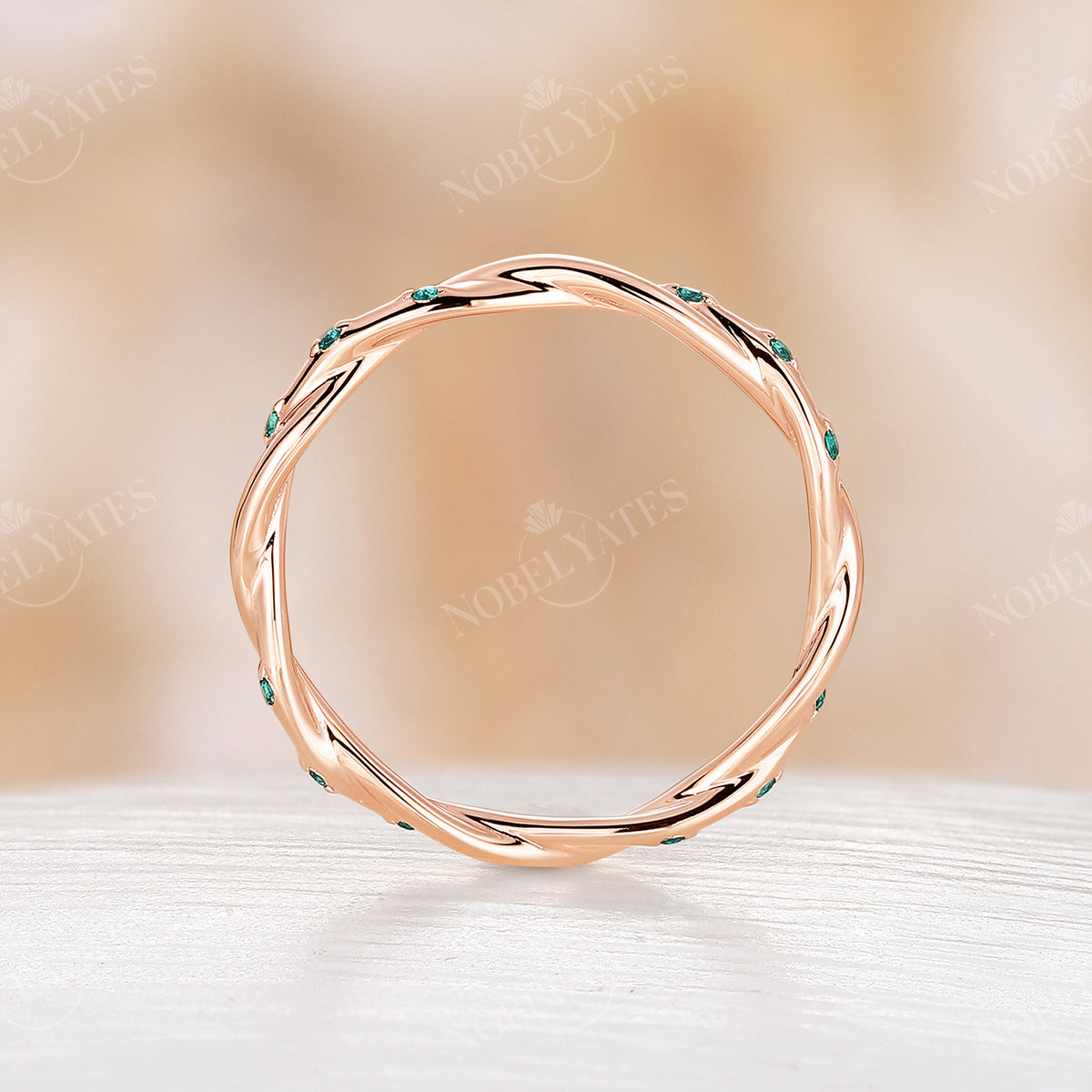 Vintage Lab Emerald Twist Full Eternity Wedding Band Rose Gold