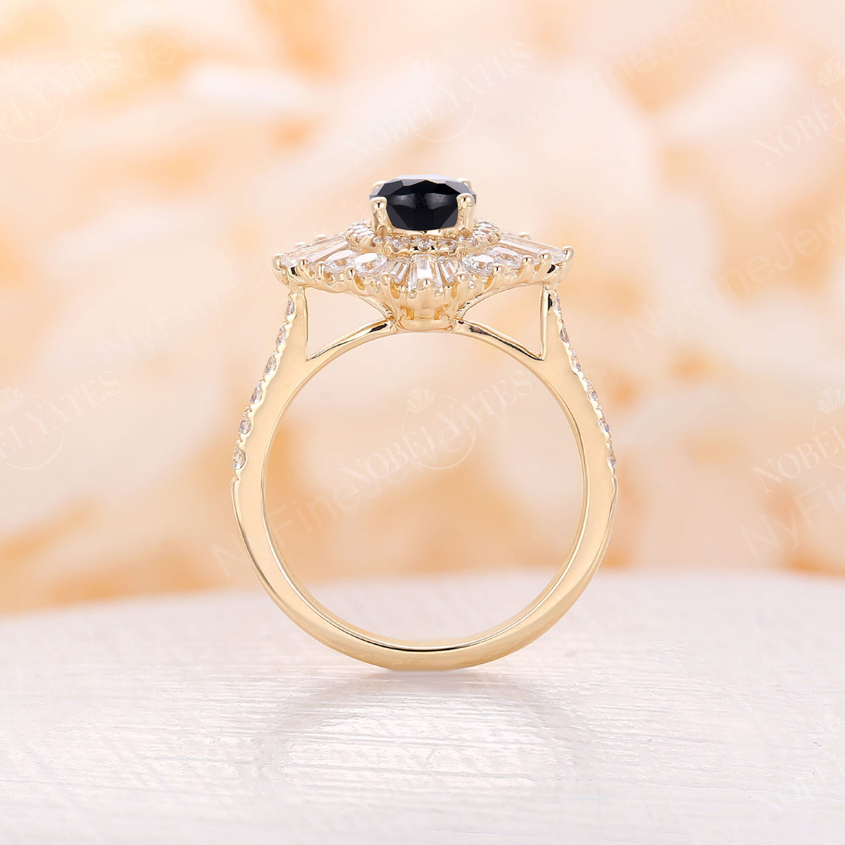 Art deco Oval Black Onyx Halo Pave Engagement Ring Yellow Gold