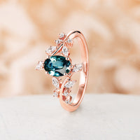 Oval Teal Sapphire Nature Inspired Bypass Engagement Ring Branch Rose Gold