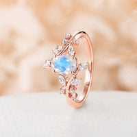 Leaves Design Oval Blue Moonstone Rose Gold Engagement Ring