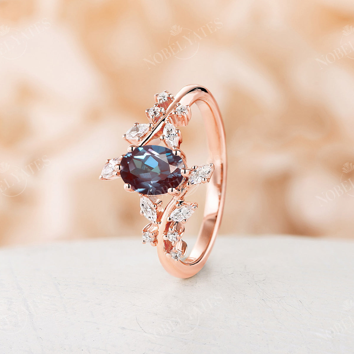 Nature Inspired Branch Engagement Ring Oval Lab Alexandrite Rose Gold