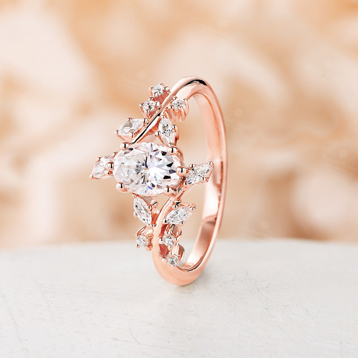 Oval Moissanite Nature Inspired Branch Engagement Ring Bypass Band