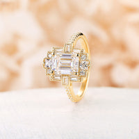 Emerald Cut Art Deco Moissanite Engagement Ring Pave Vintage Milgrain