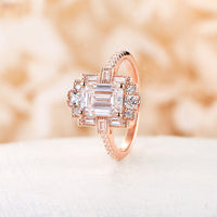 Emerald Cut Art Deco Moissanite Engagement Ring Pave Vintage Milgrain