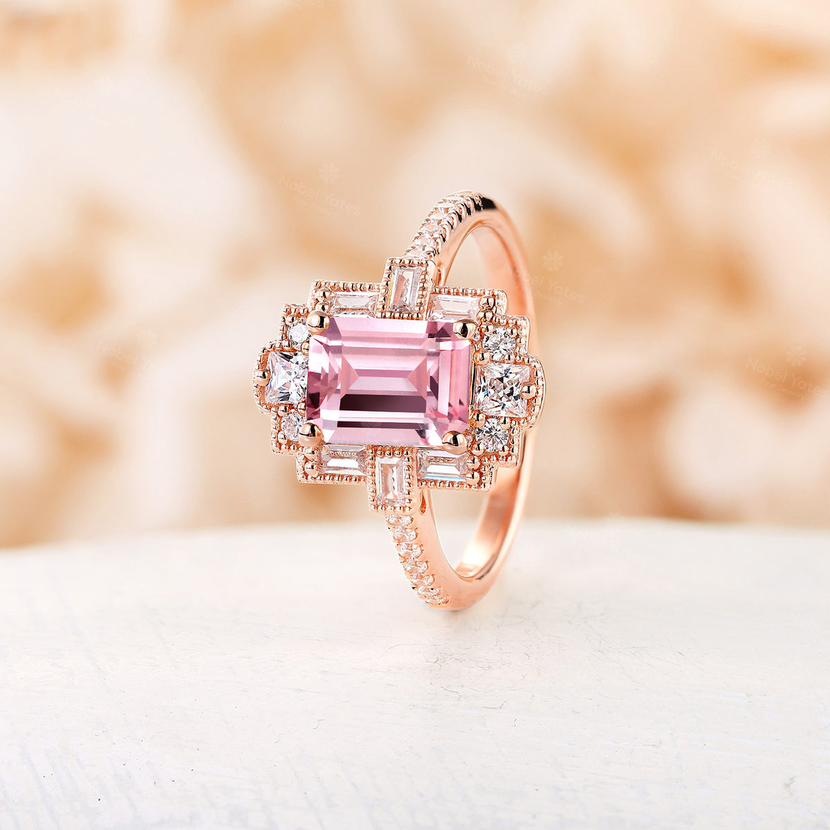 Emerald Cut Vintage Art Deco Pink Padparadscha Engagement Ring Rose Gold