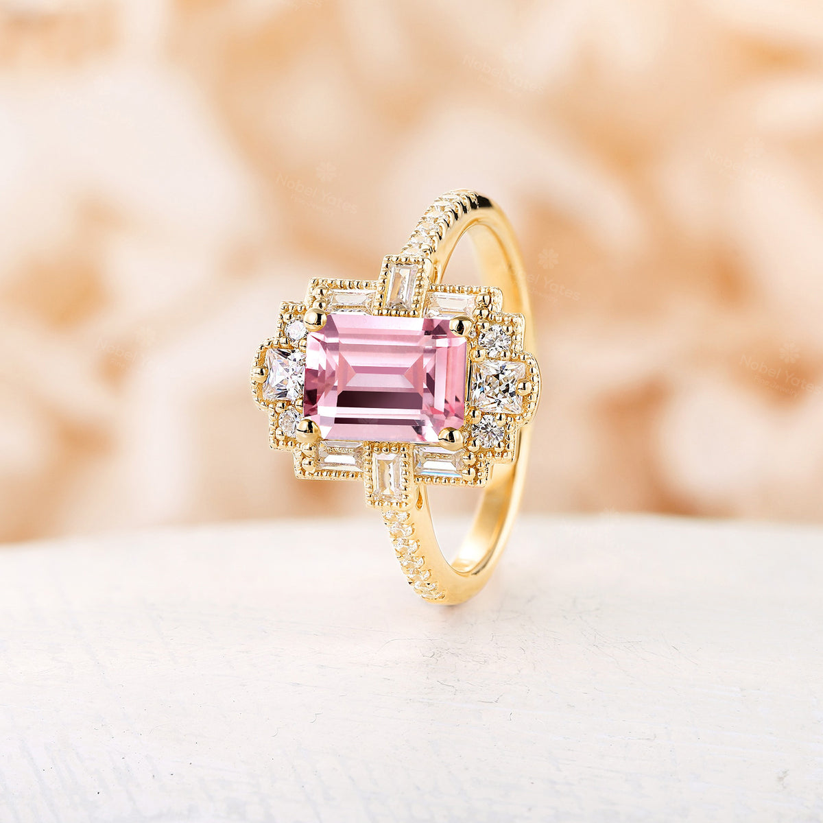 Emerald Cut Vintage Art Deco Pink Padparadscha Engagement Ring Rose Gold