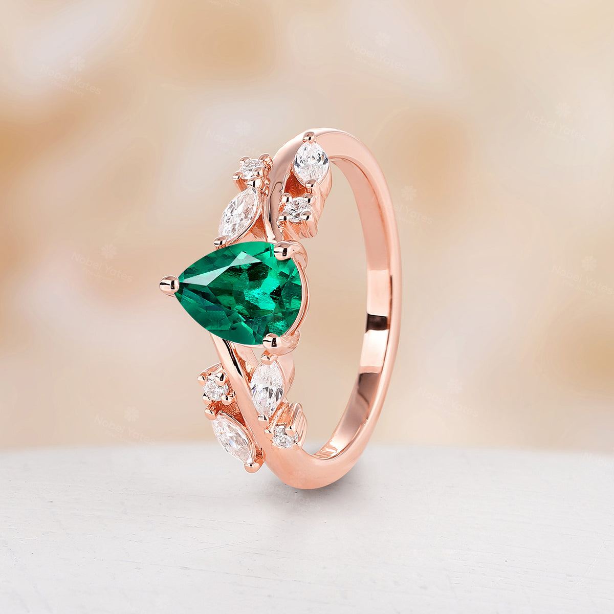 Nature Inspired Pear Lab Emerald Engagement Ring Marquise Moissanite Band