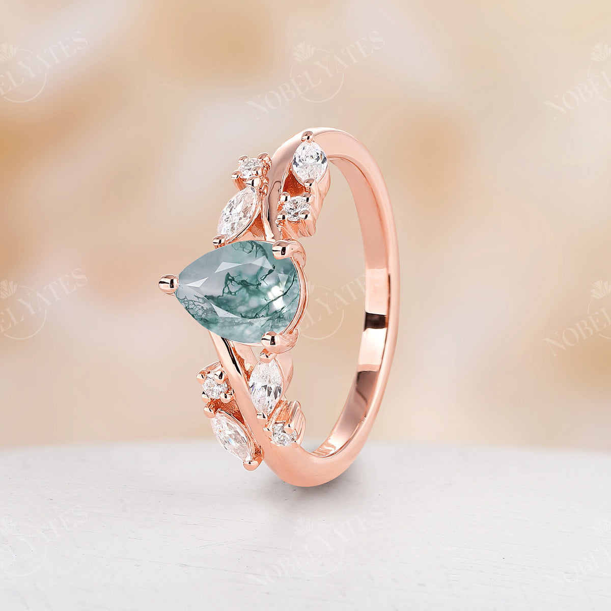 Pear Moss Agate Vintage Twig Engagement Ring Rose Gold