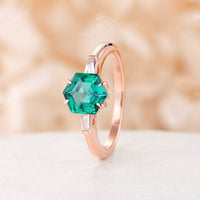 Unique Hexagon Cut Lab Emerald Three Stones Engagement Ring