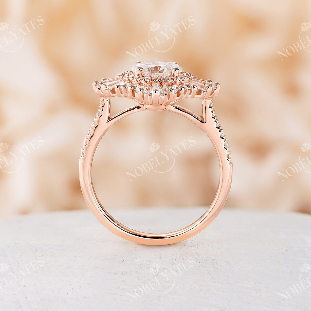 East West Art Deco Oval Moissanite Rose Gold Halo Engagement Ring