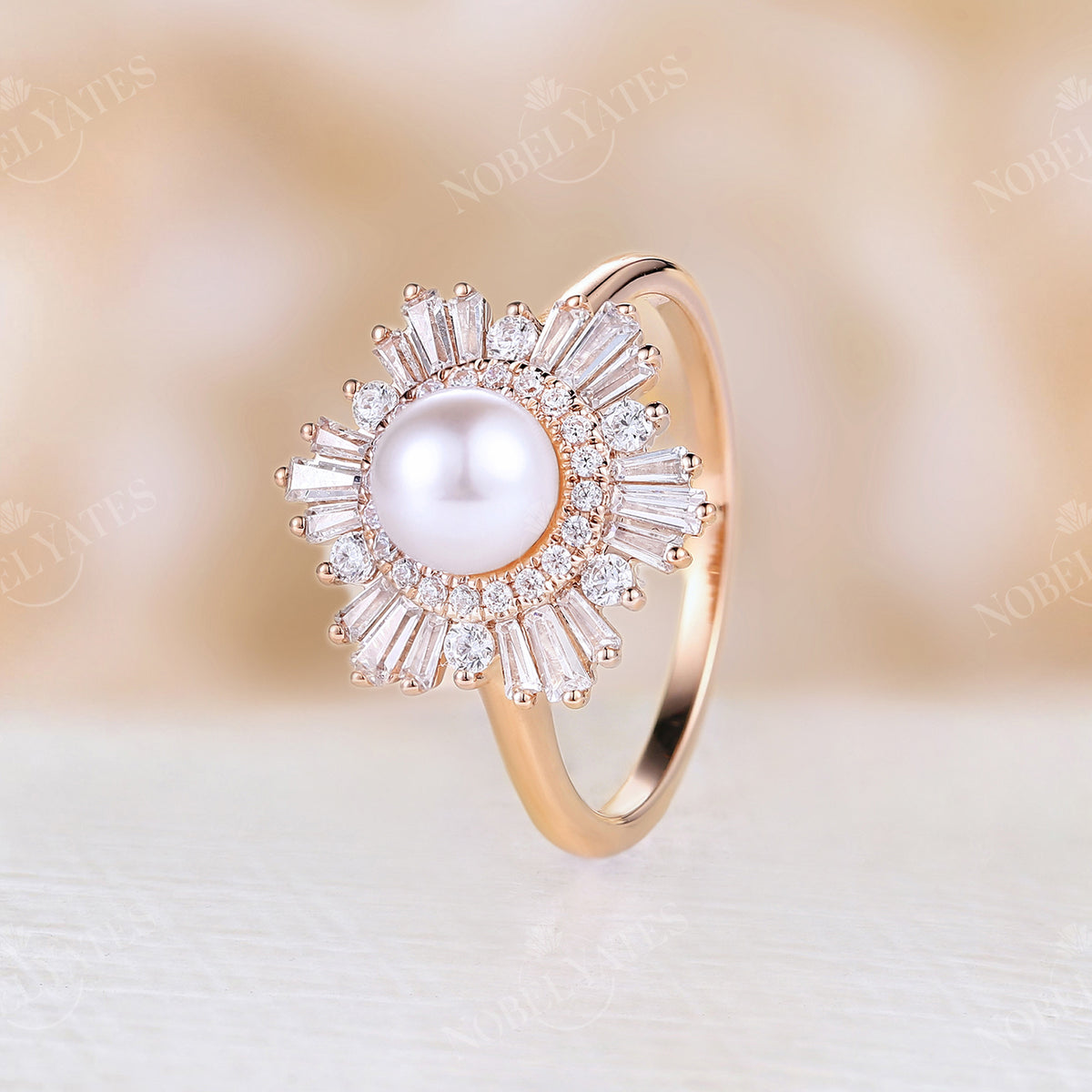 Akoya Pearl Art Deco Halo Engagement Ring Rose Gold