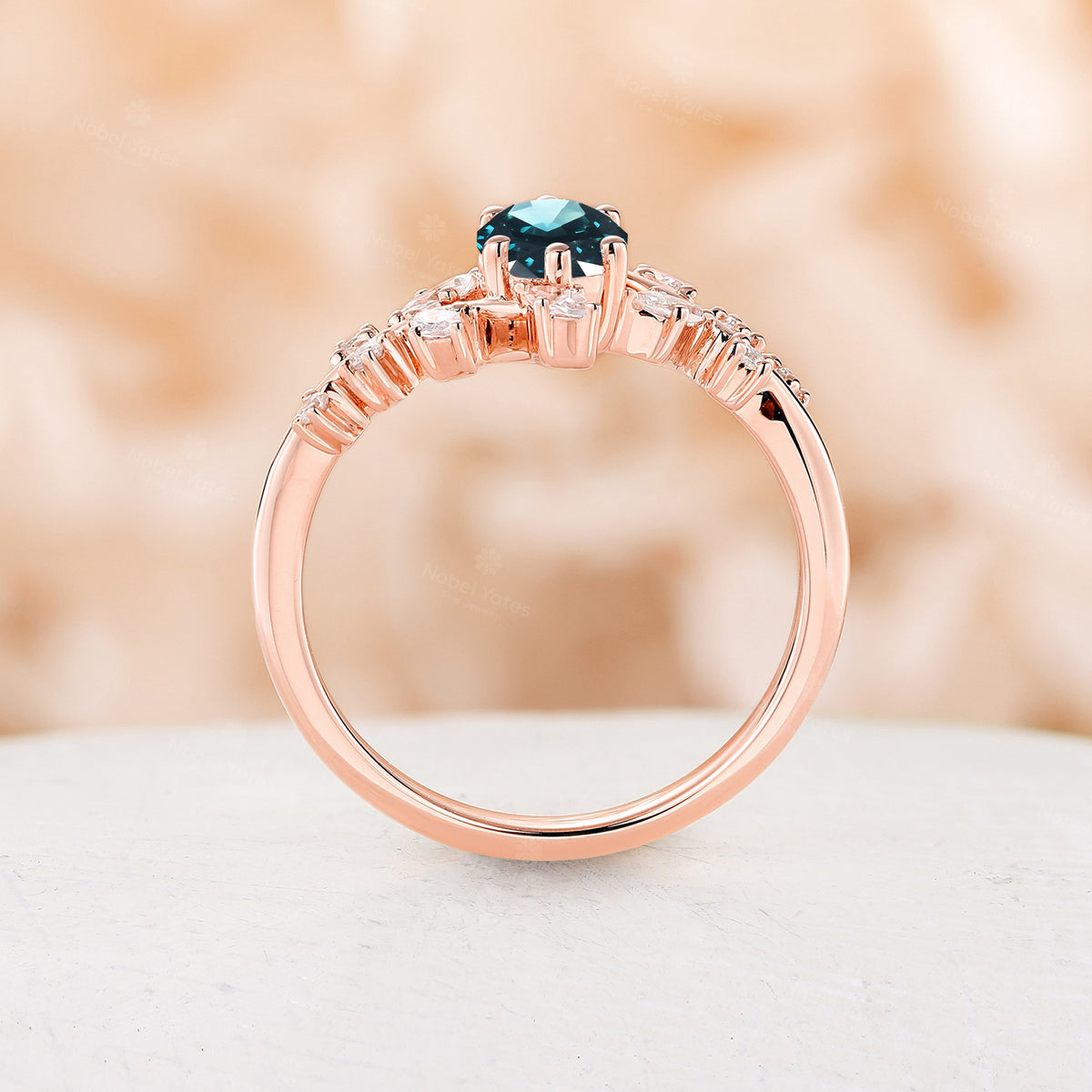 Oval Teal Sapphire Nature Inspired Bypass Engagement Ring Branch Rose Gold