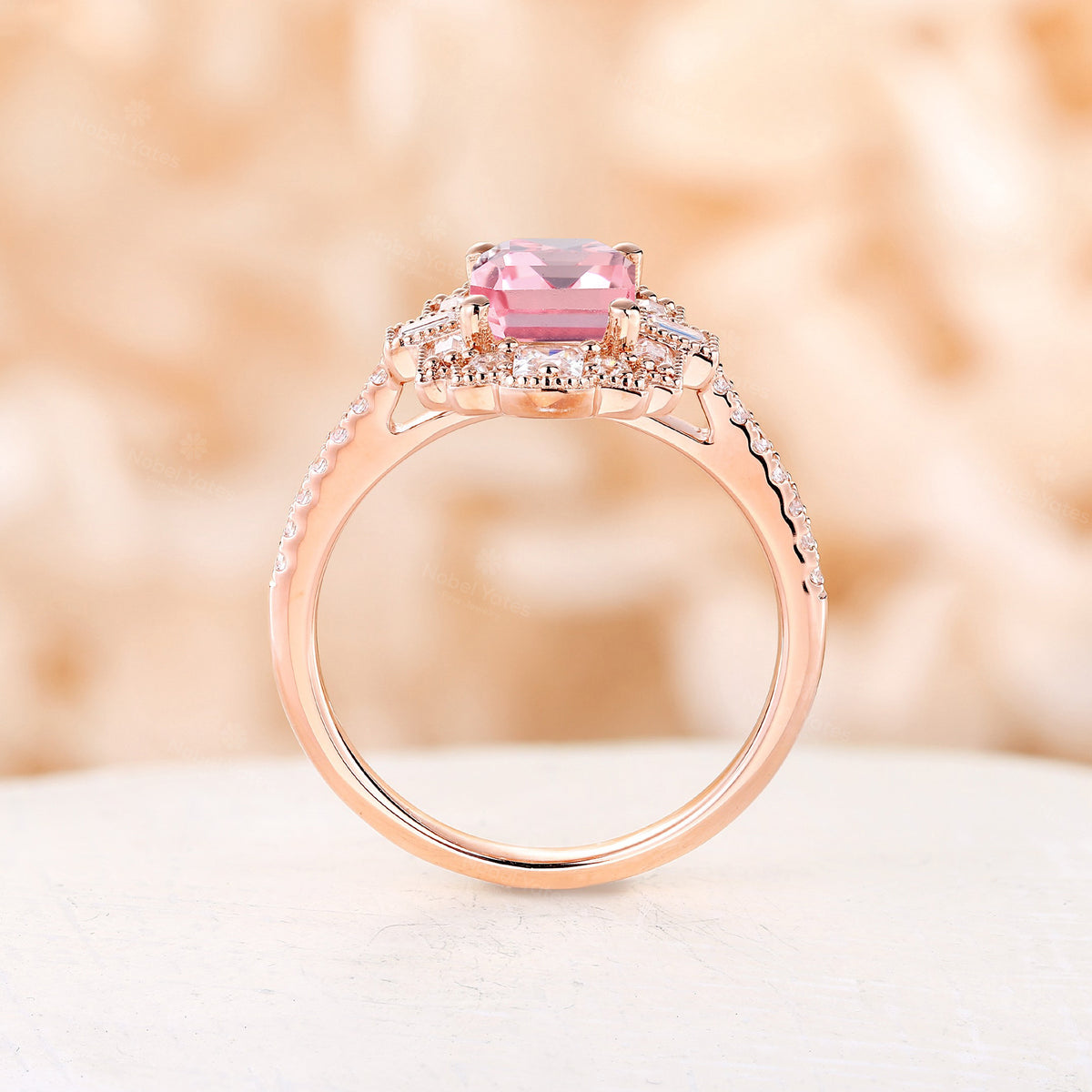 Emerald Cut Vintage Art Deco Pink Padparadscha Engagement Ring Rose Gold