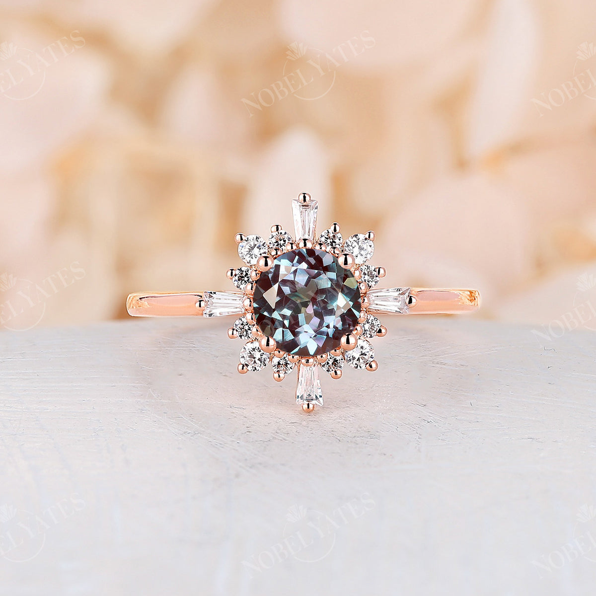 Round Shape Moonstone Engagement Ring Art Deco Rose Gold