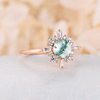 Moss Agate Rose Gold Halo Engagement Ring Art Deco