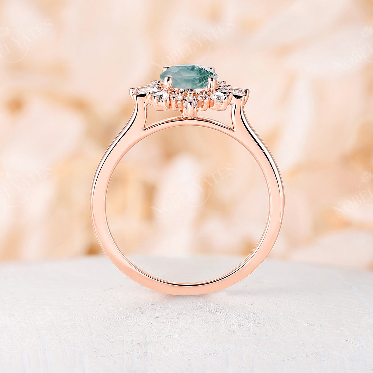 Moss Agate Rose Gold Halo Engagement Ring Art Deco