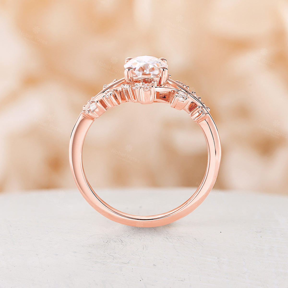 Oval Moissanite Nature inspired Engagement Ring Rose Gold