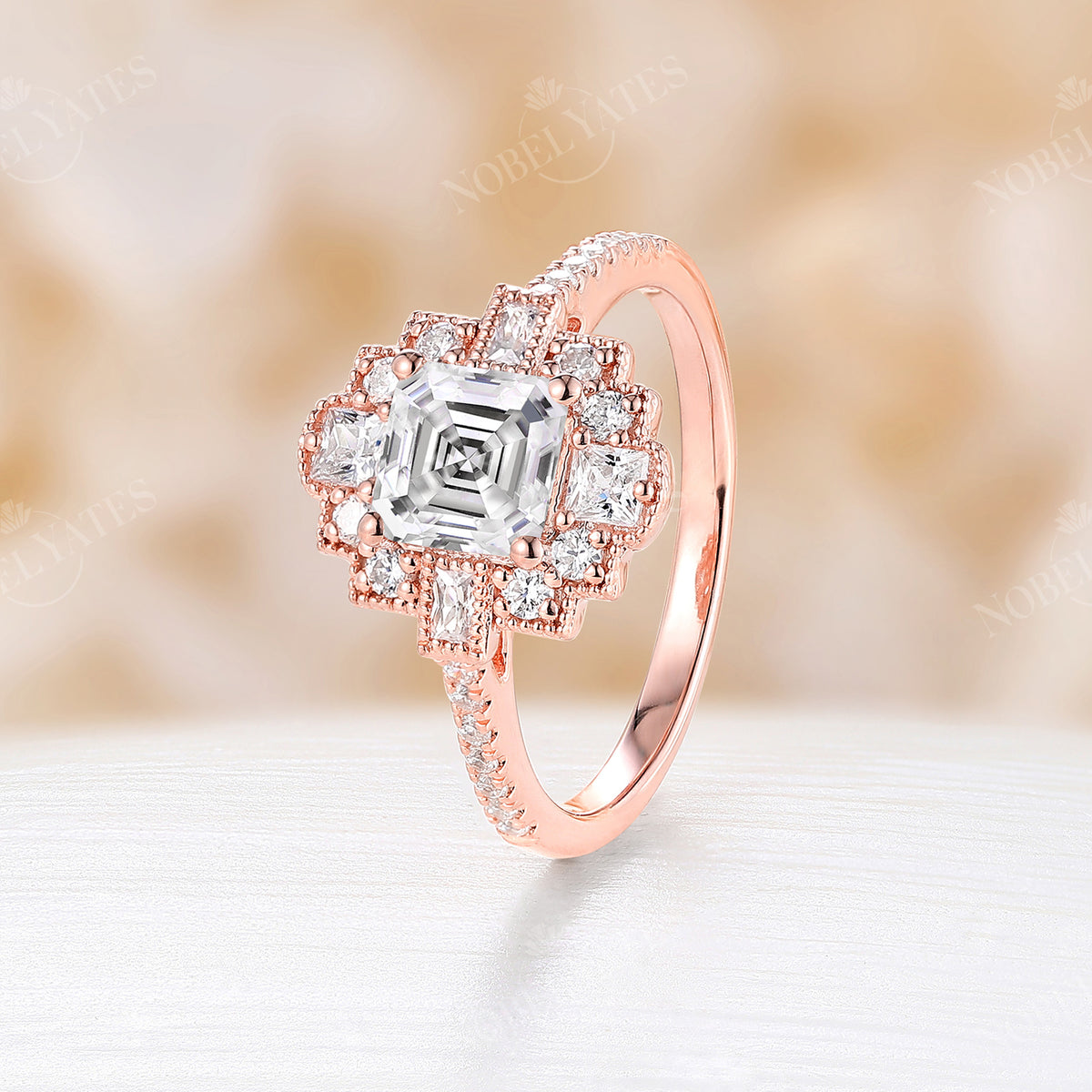 Asscher Cut Moissanite Milgrain Engagement Ring Art Deco Rose Gold