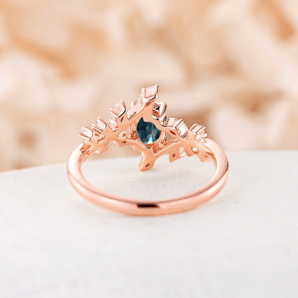 Oval Teal Sapphire Nature Inspired Bypass Engagement Ring Branch Rose Gold