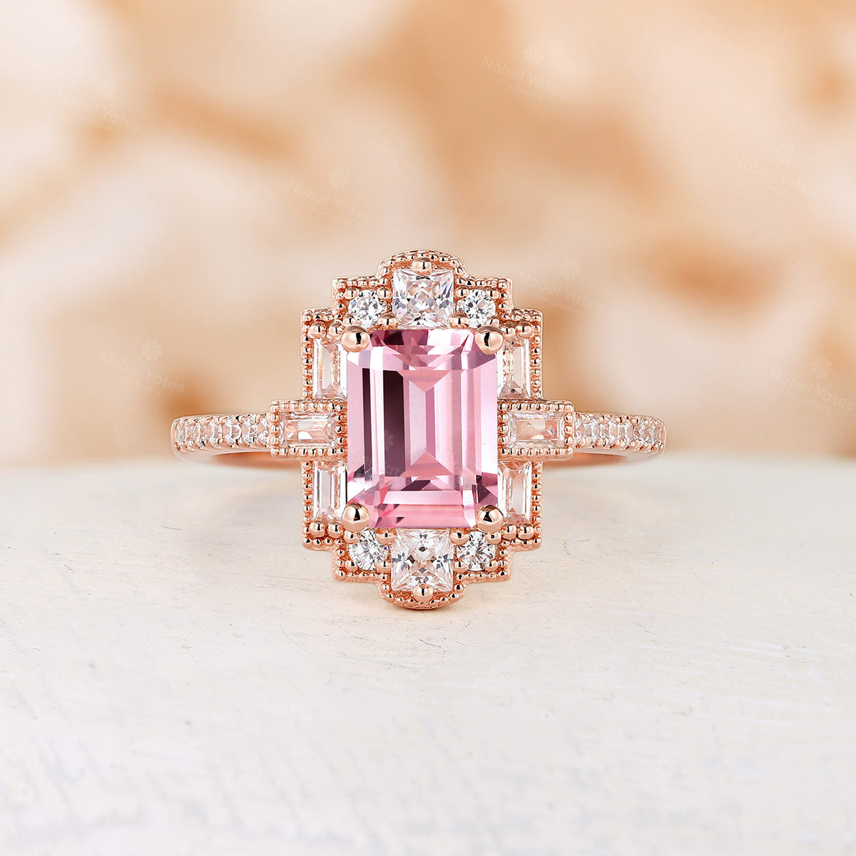 Emerald Cut Vintage Art Deco Pink Padparadscha Engagement Ring Rose Gold