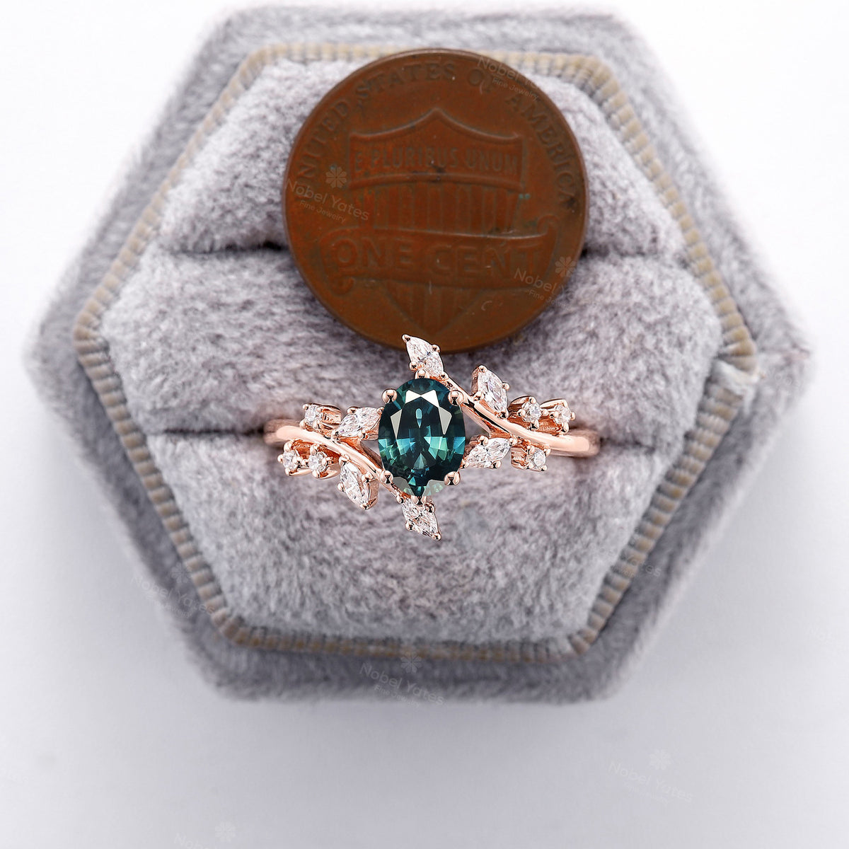 Oval Teal Sapphire Nature Inspired Bypass Engagement Ring Branch Rose Gold