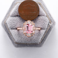 Emerald Cut Vintage Art Deco Pink Padparadscha Engagement Ring Rose Gold