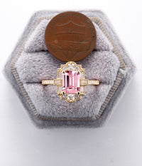 Emerald Cut Vintage Art Deco Pink Padparadscha Engagement Ring Rose Gold