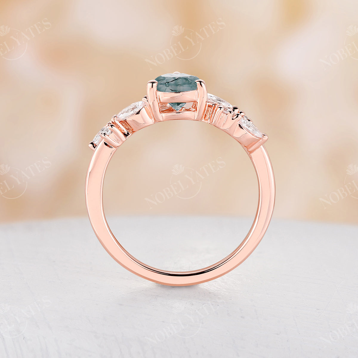 Pear Moss Agate Vintage Twig Engagement Ring Rose Gold