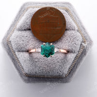 Unique Hexagon Cut Lab Emerald Three Stones Engagement Ring