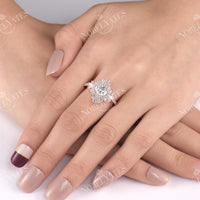 East West Art Deco Oval Moissanite Rose Gold Halo Engagement Ring