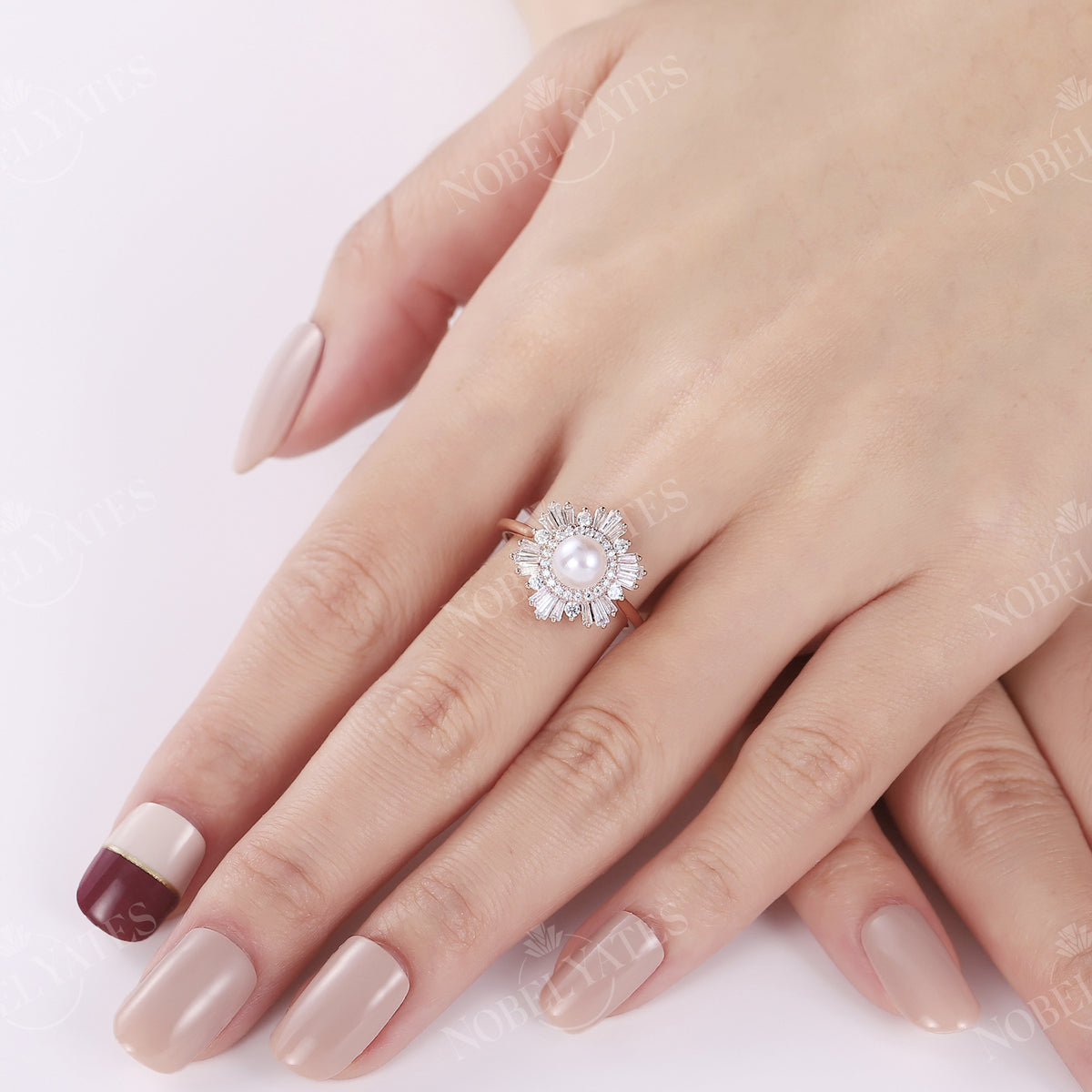 Akoya Pearl Art Deco Halo Engagement Ring Rose Gold