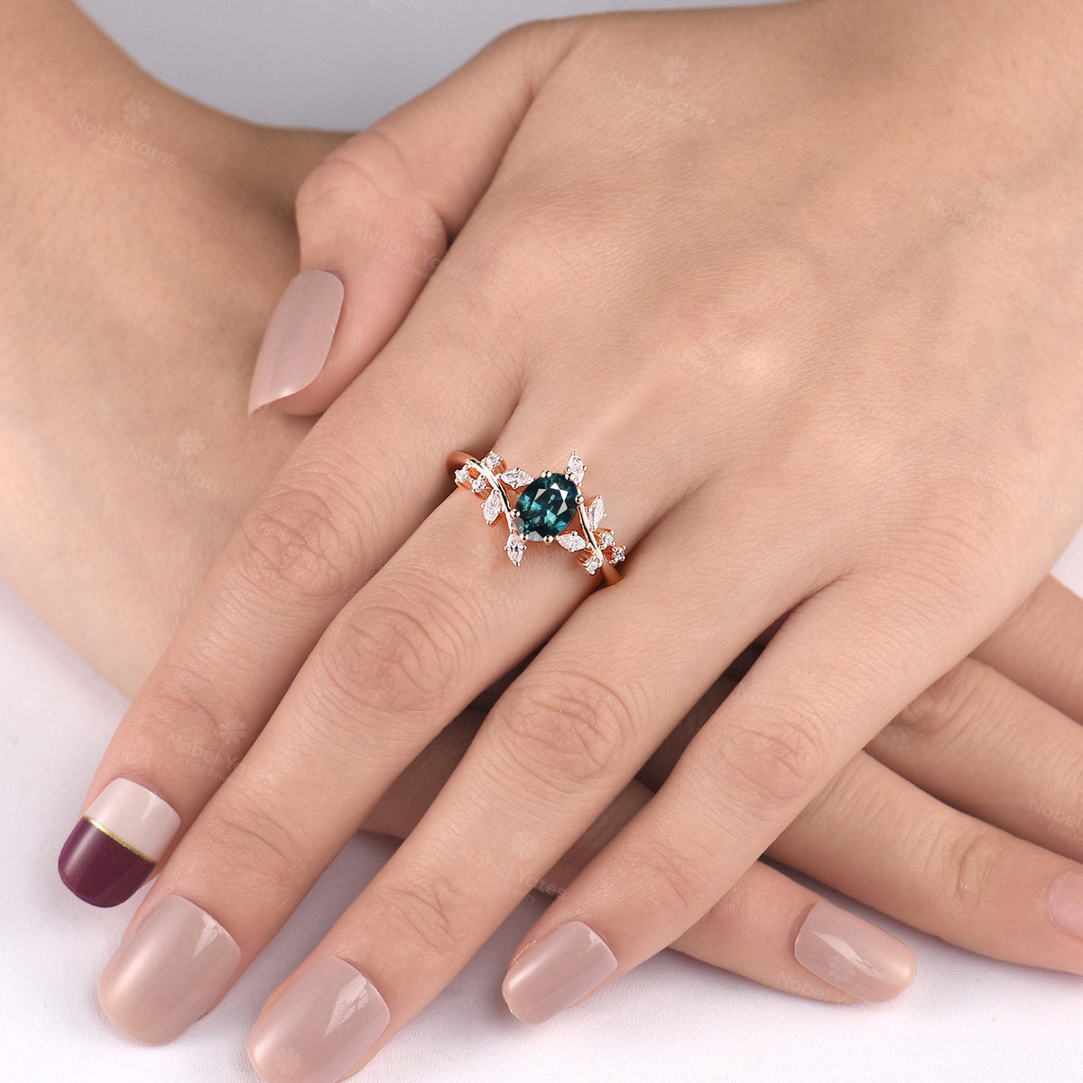 Oval Teal Sapphire Nature Inspired Bypass Engagement Ring Branch Rose Gold