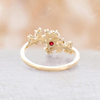 Ruby Leaf Design Engagement Ring Yellow Gold