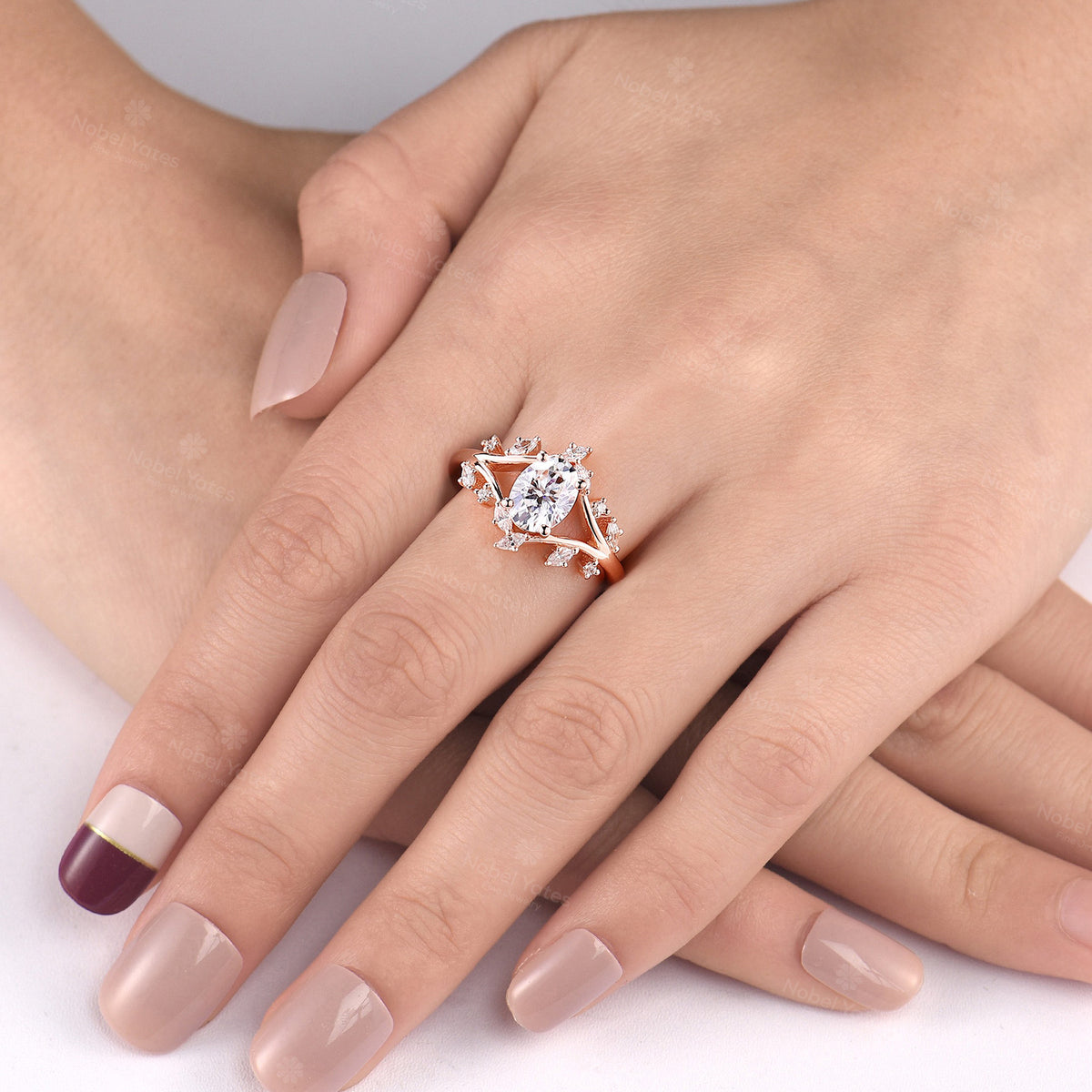 Oval Moissanite Nature inspired Engagement Ring Rose Gold