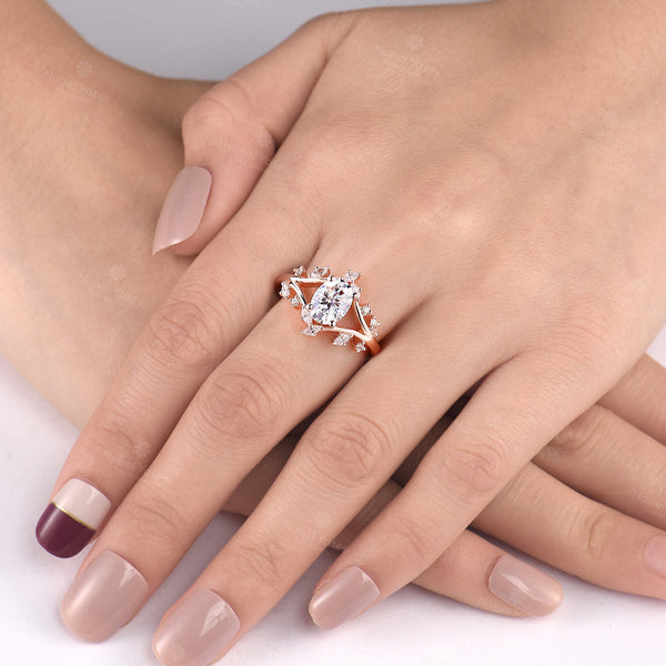 Oval Moissanite Nature inspired Engagement Ring Rose Gold