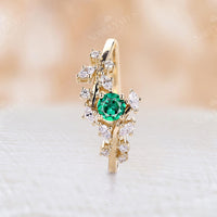 Lab Emerald Round Cut Engagement Ring Leaf And Bypass Style