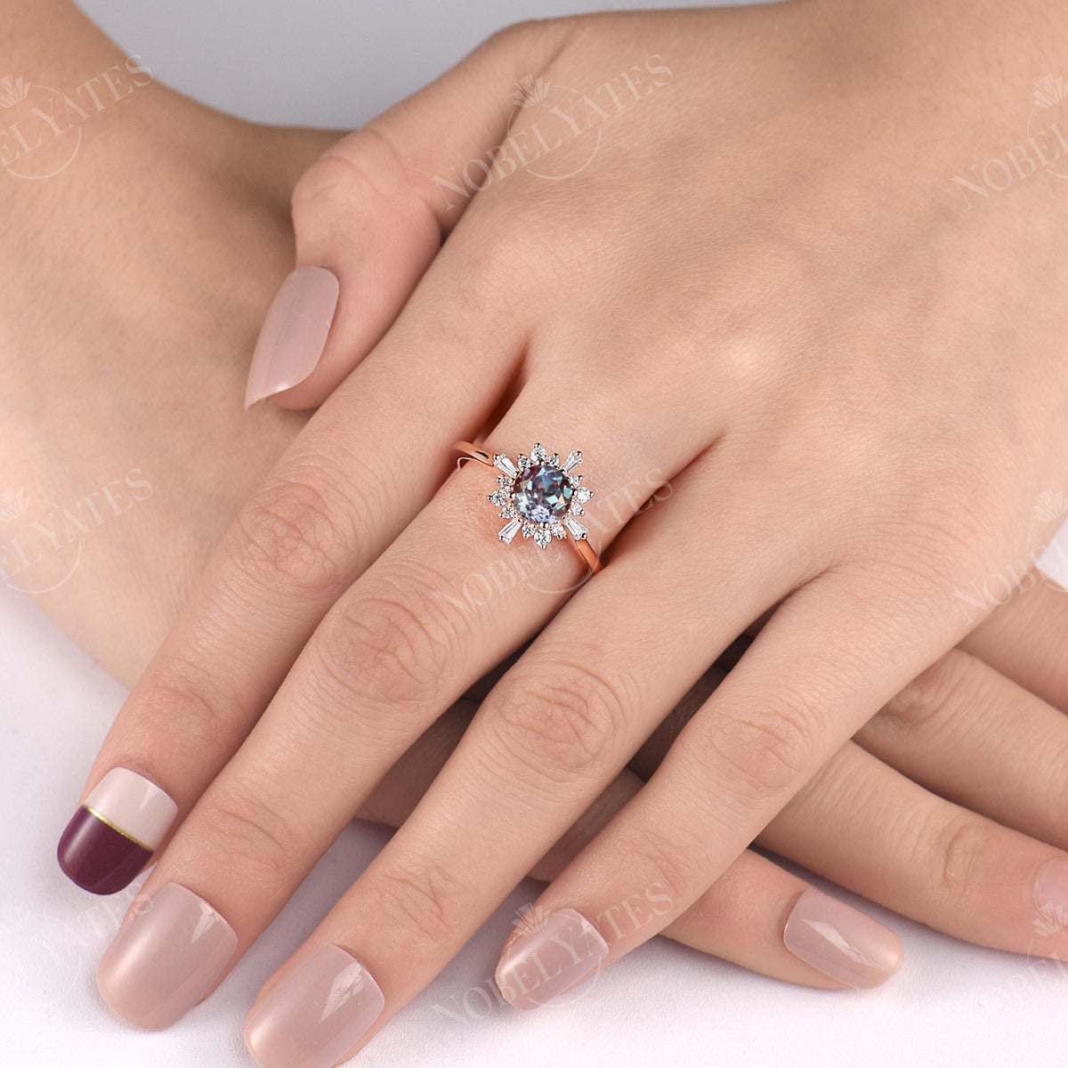 Art Deco Round Lab Alexandrite Rose Gold Halo Engagement Ring