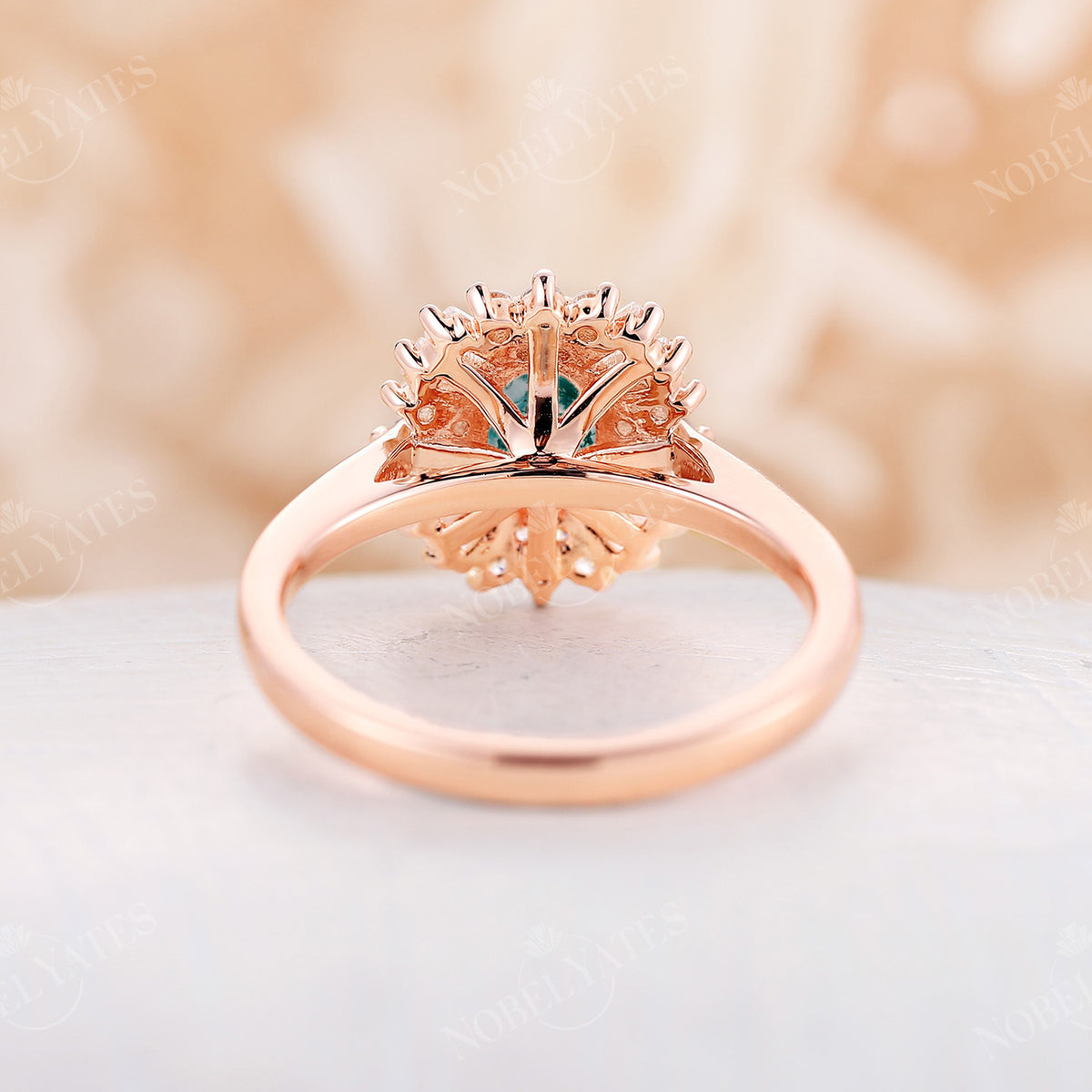 Oval Shape Moss Agate Art Deco Rose Gold Halo Engagement Ring