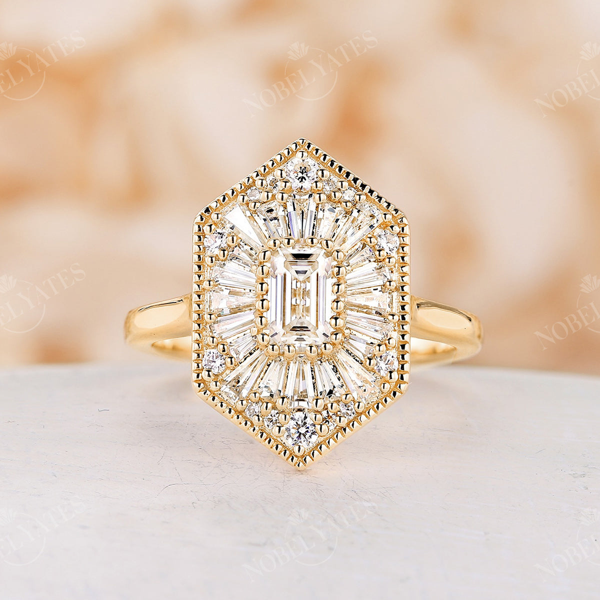 Cluster Art Deco Emerald Moissanite Engagement Ring Rose Gold