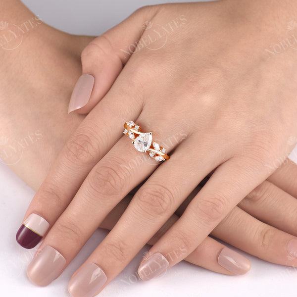 Vintage Pear Shape Moissanite Rose Gold Twig Engagement Ring
